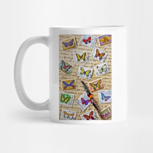 Butterfly stamps and old document Mug